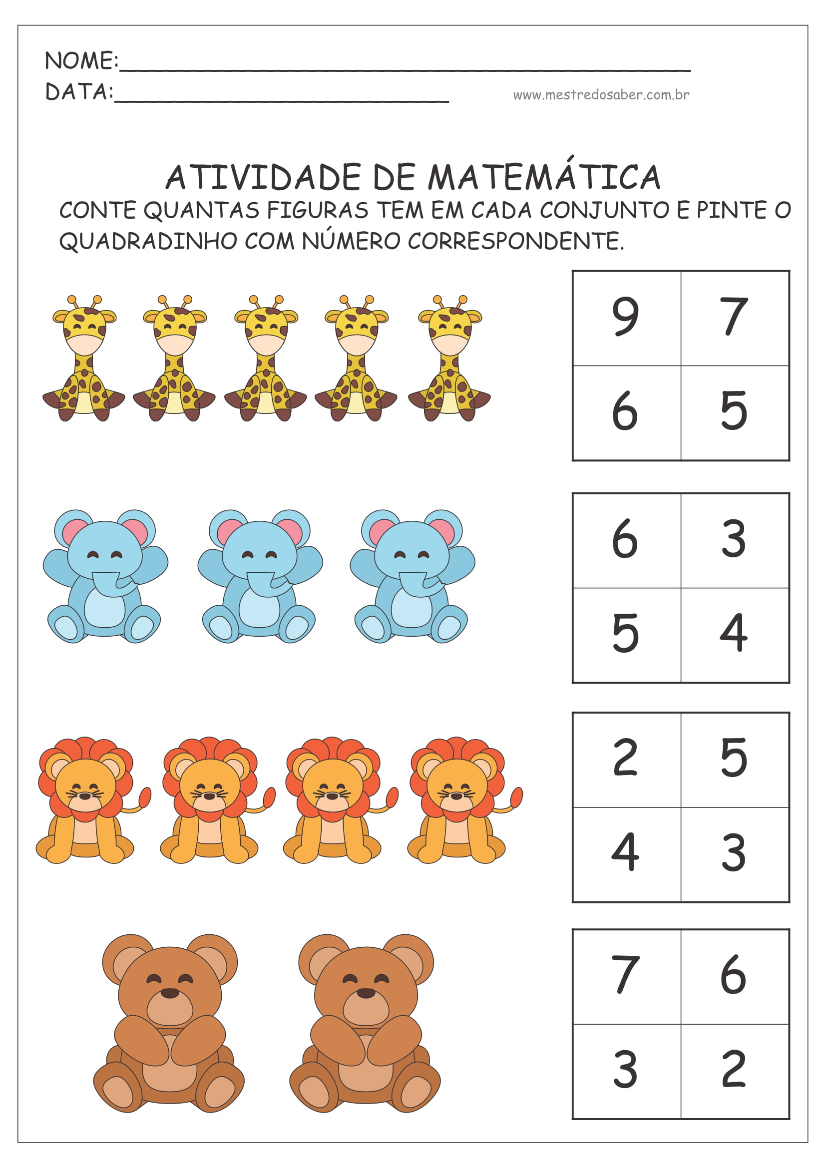 Atividade de Matemática para 1º Ano – Procure, pinte e conte