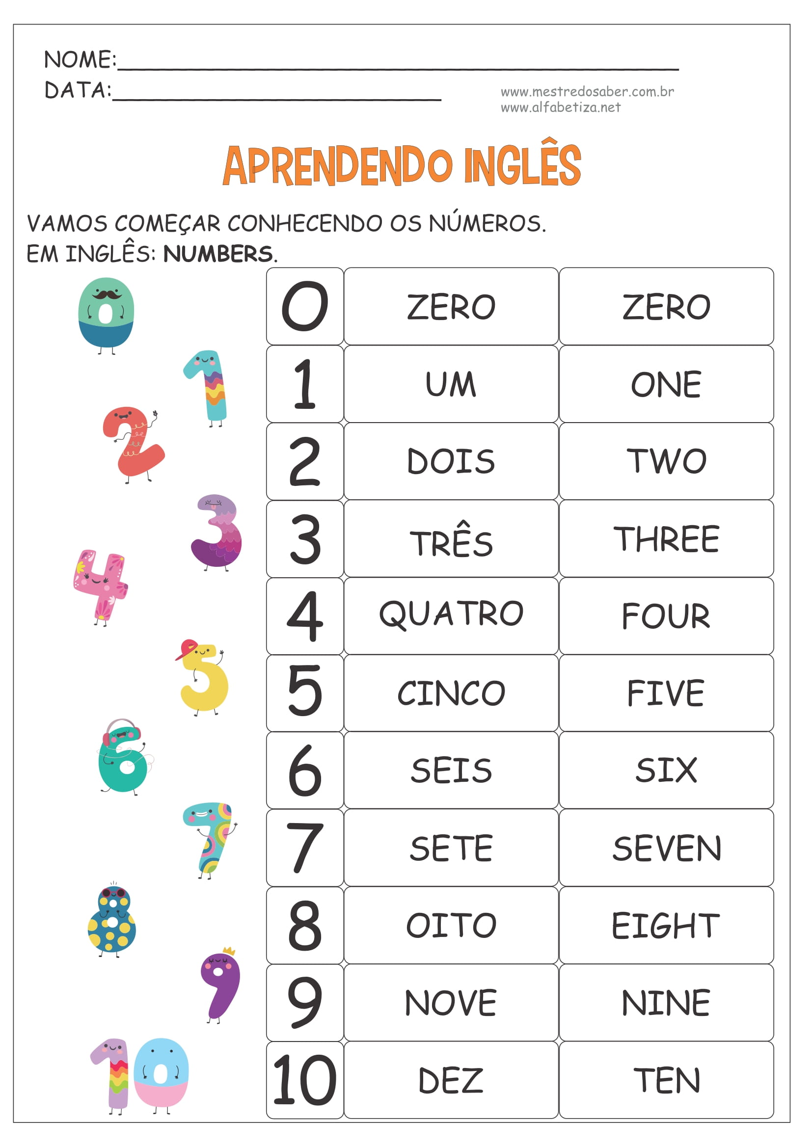 Atividades em inglês para o 4° ano.