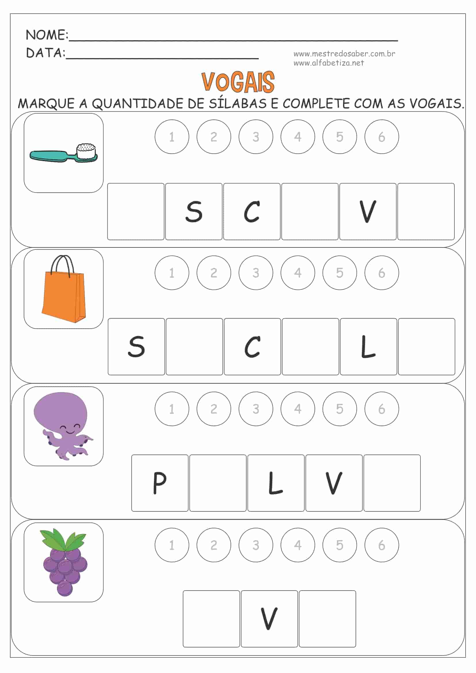 Atividade para baixar e imprimir utilizando vogais.  Atividades de  alfabetização, Atividades, Alfabetização